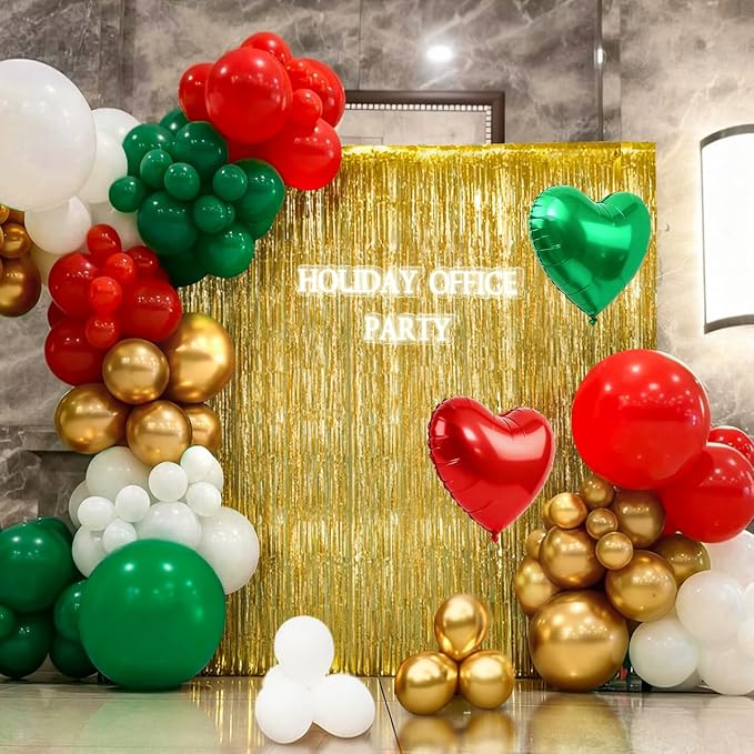 Red Green White and Gold Christmas Balloon Garland Arch Kit with Fringe Curtain for Birthday Baby Shower Winter Wedding Holiday Office Ugly Sweater Party Decorations