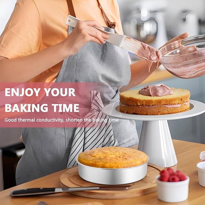 P&P CHEF 8 Inch Round Cake Pan Set of 3, Stainless Steel Round Baking Layer Pans Bakeware for Layer Birthday Cake, Fit Oven/Pots/Pressure Cooker, Leakproof & Dishwasher Safe, Silver