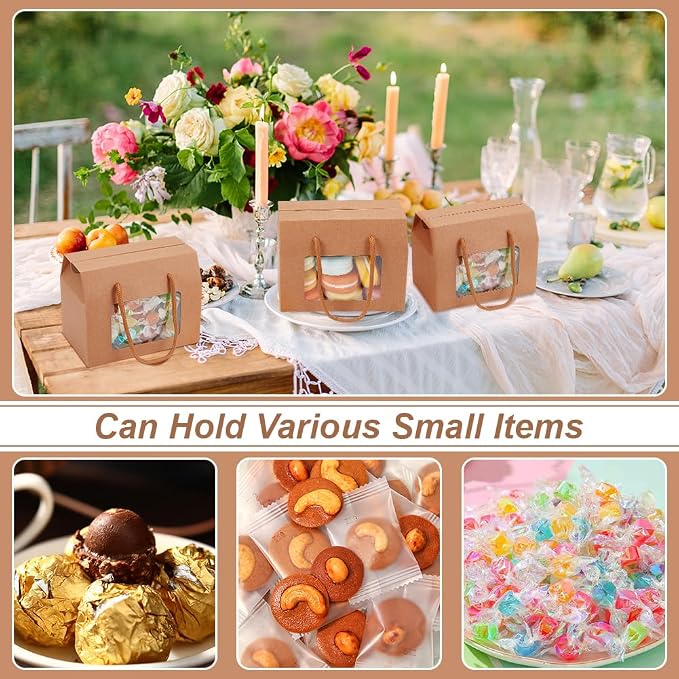 BENECREAT 20 Packs Kraft Paper Stand Up Gift Box Bags 5.9x3.5x4.7 Inch, BurlyWood Cupcakes Cookies Box with Clear Window and Handle for Packaging, Retail, Party, Gifts, Wedding, Business