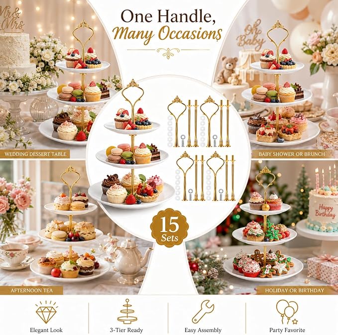 15 Pcs Tiered Tray Hardware Kit Crown Handle Zinc Alloy Gold 3-Tier | Coordinated gold finish for party trays; rods washers and screws support repeat DIY cake stand assembly