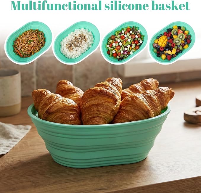 4 Pcs Oval Proofing Basket Set, 9.6 Inch Silicone Sourdough Bread Basket, Foldable Non-Stick Dough Proofing Bowl for Baking, BPA-Free, Green