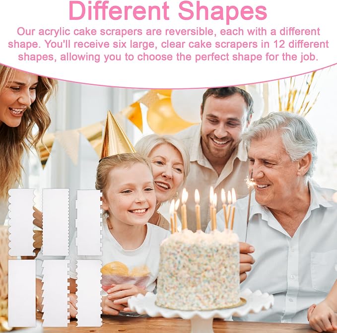 6pcs Acrylic Cake Scrapers Set, 9.4x3.9in Clear Double Sided Cake Icing Fondant Smoother Comb with 12 Shapes for DIY Buttercream Butter Cream Frosting Mousse Dessert Decoration Baking Tool
