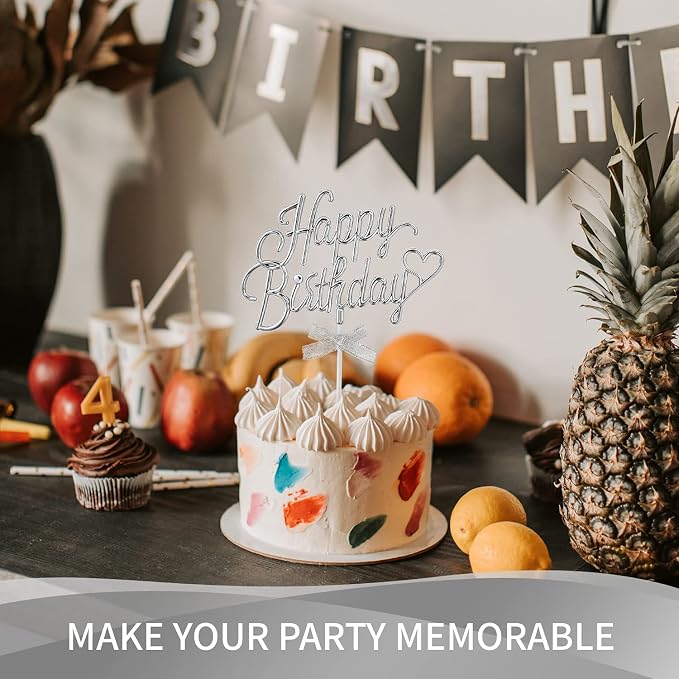 Silver Happy Birthday Cake Topper Plastic - 3D Double Sided Cursive Happy Birthday Sign for Cake with Bow, Idea for Cake Decoration (SILVER)