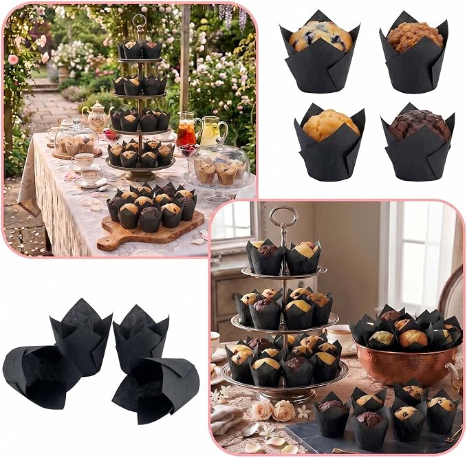 200 Pcs Black Tulip Cupcake Liners for Baking, Standard Size | Standard Greaseproof Tulip Muffin Liners for Baking, 3oz Black Paper Cupcake Wrappers for Party Wedding Birthday