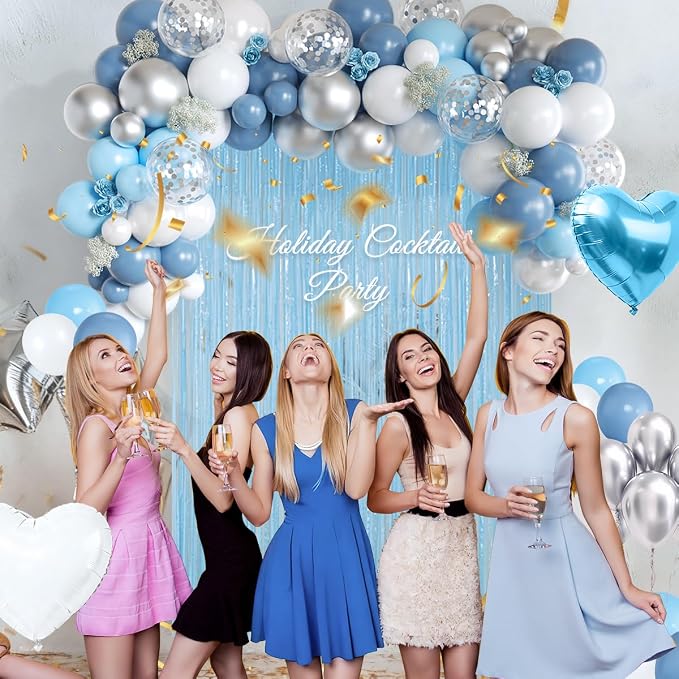157PCS Pastel Blue Silver White Balloons Garland Arch Kit with Light Blue Fringe Curtain for Birthday Bridal Baby Shower Engagement Wedding Party Decorations