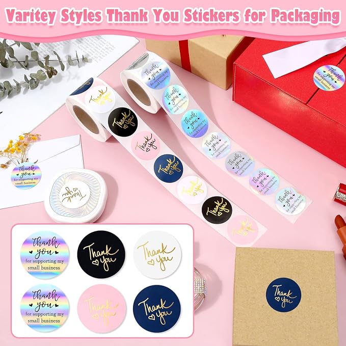 1000Pcs 1.5Inch Thank You Stickers, Holographic Thank You for Supporting My Small Business Stickers Thank You for Your Order Stickers Labels Packing Supplies for Baking Envelopes Gift Wraps Crafts
