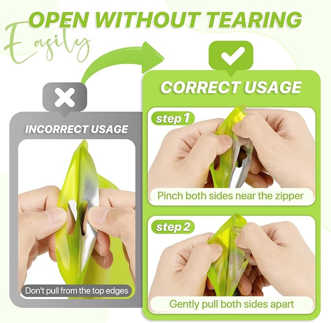 100 PCS Resealable Mylar Bags with Zipper and Frosted Clear Window Smell Proof Bag Packaging Bags Foil Pouch Zipper Bag for Food Self Sealing Storage Supplies (Green, 6.29x9.44)