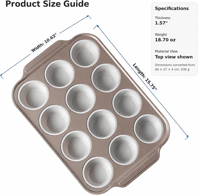 12-Cup Silicone Muffin Pans with Steel Frame, Nonstick Bakeware, Reusable Cupcake Pans with 12 Piping Nozzles & Bag for Baking | Silicone Muffin Pans for Cupcakes & Muffins