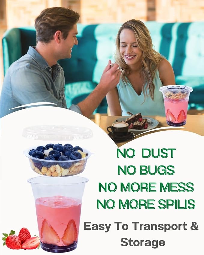 50 Sets 12 oz Clear Plastic Cups with Insert & Flat Lids(NO HOLE) - Disposable Parfait Cups with Lids for Fruit Yogurt Smoothie Iced Cold Drinks Dips and Veggies, No Leaking