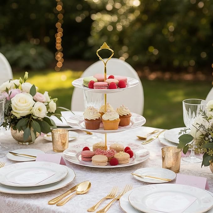 Lallisa Pink Floral 3 Tier Dessert Stand 10", 9" and 7" Ceramic Vintage Chinoiserie Tea Party Tiered Tray Cupcake Stand Display Holder Tower for Wedding Baby Shower Bridal Shower Tea Party