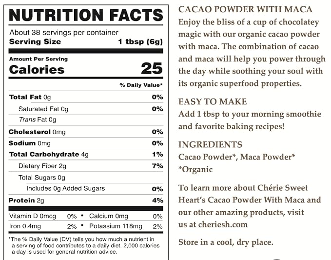 Cherie Sweet Heart Organic Cacao Powder with Maca Pouch, Non-GMO & Vegan (8 Ounce (Pack of 1))