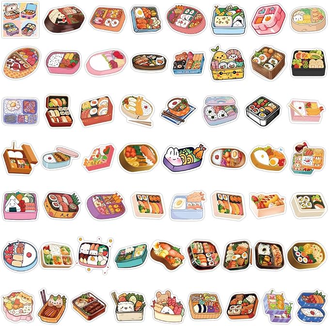 55 Pcs Cute Bento Box Stickers, Japanese Food Stickers, 2.16 Inch Waterproof Vinyl Stickers for Journals, Water Bottles, Laptops, Scrapbooking (Bento Box)
