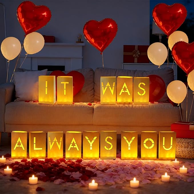 It was Always You Luminary Paper Bags with LED Flameless Candles and Rose Petals Balloons Light Up Letters for Valentines' Day Anniversary Proposal Special Romantic Decorations