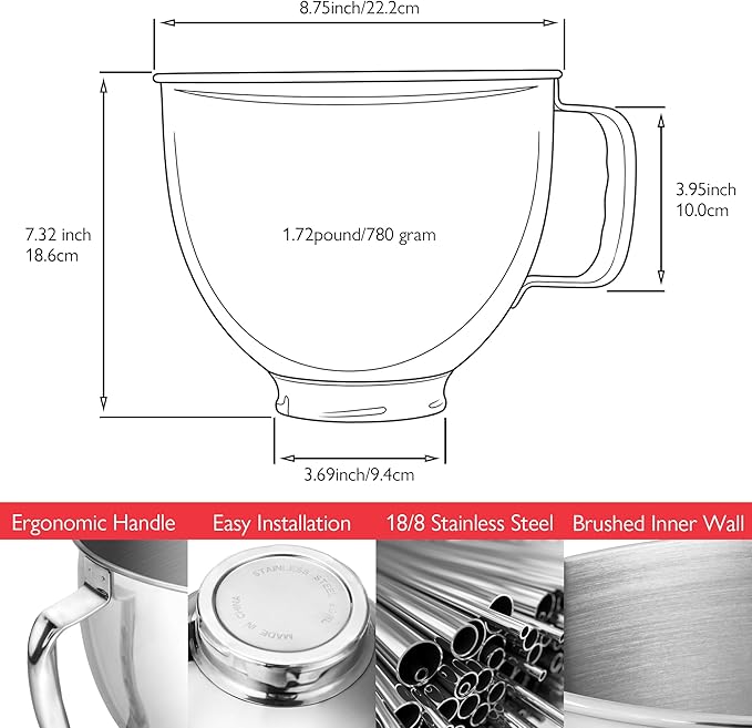 Wiselet 5 Quart Stainless Steel Mixing Bowl for KitchenAid 4.5 & 5 Qt Tilt-Head Stand Mixer, 18/8 Food-Grade Secondary Extra Bowl for Artisan Classic Series, Large Capacity for Meal Prep & Baking