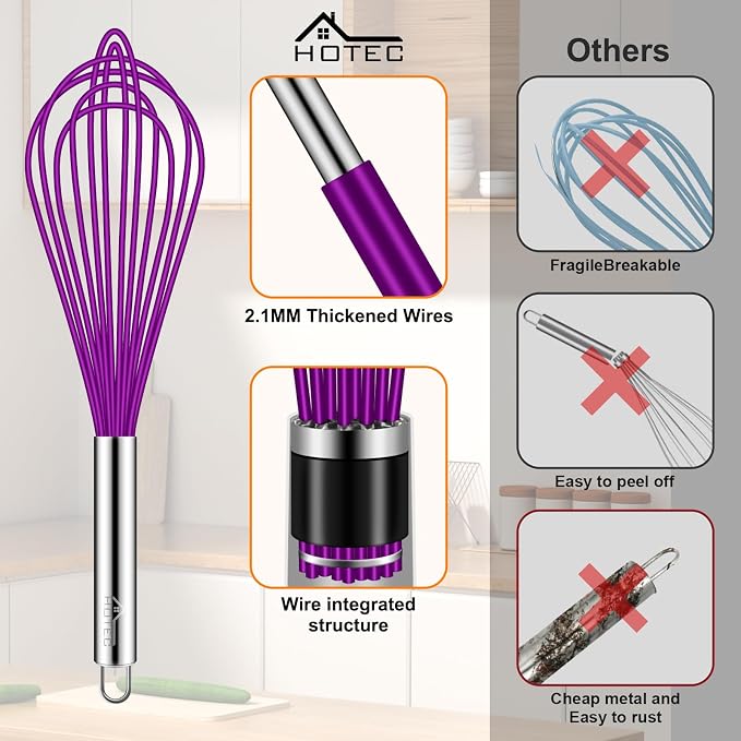 HOTEC 4 Pieces Silicone Whisks Set, Wire Balloon Whisks for cooking Egg Beater, Non-slip Handle Whisk for Non-stick Cookware Perfect for Cooking, Stirring, Beating and Blending,Purple