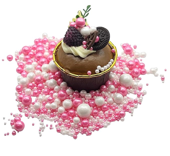 SE Si&Moos Hot Pink and White Pearl Sprinkles for Cake Decorating Valentines Sprinkles White Edible Pearl Cake Decorations Hot Pink Sprinkles for Cake, Baby Shower Valentine Party Holiday Christmas Supplies 3.5 OZ