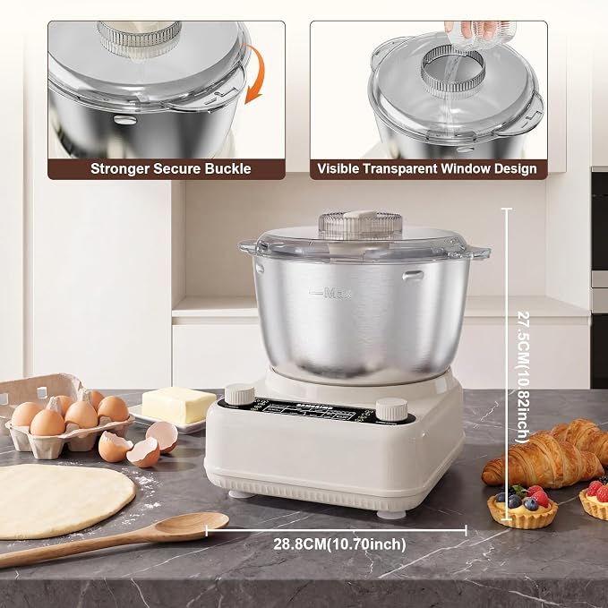 Electric Dough Maker with Ferment Function, 6.5QT Stand Dough Mixer, Dough Kneading Machine with 304 Stainless Steel Bowl, Removable Lid & Knob Control, Ideal for Bread, Pizza, Pasta - Almond Cream