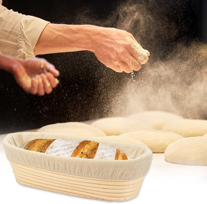 2 PCS 10 inch Oval Long Banneton Brotform Bread Dough Proofing Rising Rattan Basket & Liner for Professional & Home Bakers