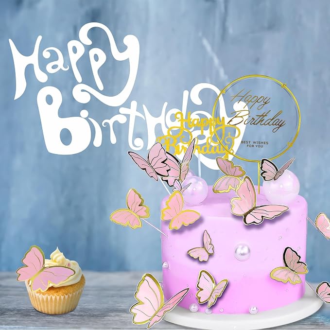 60Pcs Butterfly Cupcake Topper Pink Gold, Lively 3D Butterflies with 2Pcs Happy Birthday Topper for Cake Decor Birthday Anniversary Kids Wedding Girl Women Party Wall Food Decorations,Mixed Size