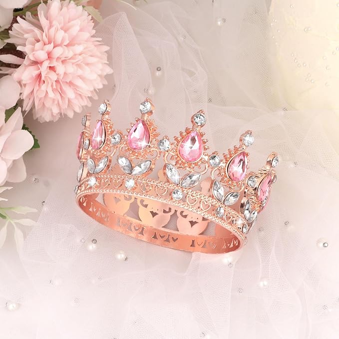 Crown Cake Topper Happy Birthday Cake Toppers Wedding Cake Toppers Mini Crowns for Flower Bouquets Party Decorations (Rose Gold Pink)