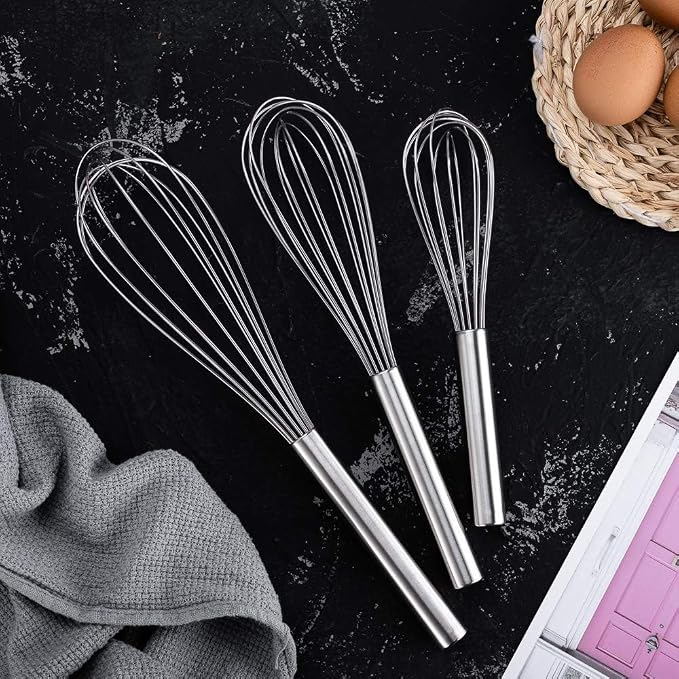 Stainless Steel Whisks with 3 Packs 8"+10"+12" Kitchen Whisk Set Kitchen Whip Kitchen Utensils Wire Whisk Balloon Whisk Set for Blending Whisking Beating and Stirring
