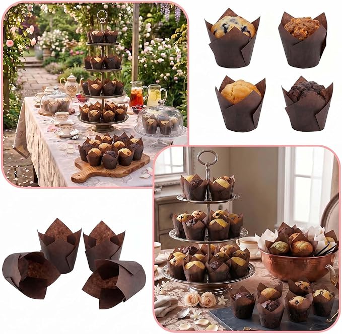 200 Pcs Brown Tulip Cupcake Liners for Baking, Standard Size | Standard Greaseproof Tulip Muffin Liners for Baking, 3oz Brown Paper Cupcake Wrappers for Party Wedding Birthday