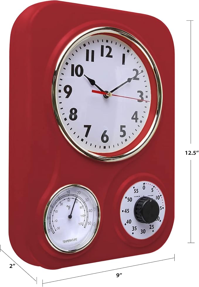 Lily's Home -9 Inch x 12.5 Inch -Retro Kitchen Wall Clock, Vintage Wall Clock with a Thermometer and 60-Minute Timer, Ideal for Any Kitchen, Office, or Diner (Retro Red)