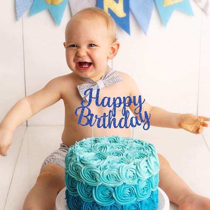 BEISHIDA Blue happy birthday Cake Topper, Happy Birthday Cake Bunting Decor,Birthday Party Decoration Supplies,Photo Booth Props