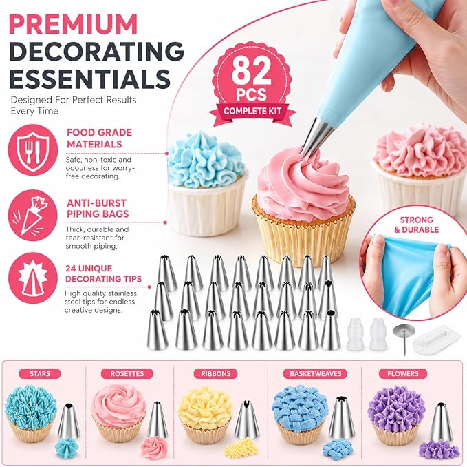 82 pcs Cake Decorating Kit,Baking Supplies Tools, | 48 Piping Tips,3 Cake Spatulas,1 Piping Shears,1 Smoother,2 Converters,20 Disposable Piping Bags+2 Reusable Pastry Bags