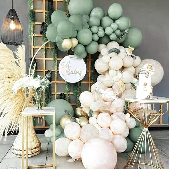 PartyWoo Dusty Green Balloons 100pcs Different Sizes Pack of 18 12 10 5 Inch Sage Olive Eucalyptus Green Boho Neutral Balloon Arch Kit for Jungle Dinosaur Theme Birthday Party Decorations Green-F35