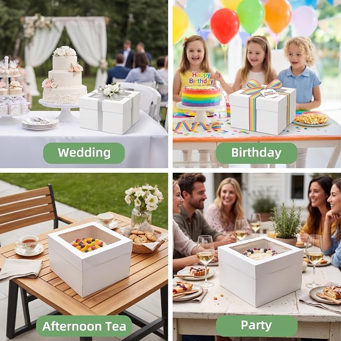 ZBEIVAN 15 Pack Cake Boxes 12x12x8 Inches White Bakery Boxes with Window, Large Square Cardboard Cake Carriers for Cakes