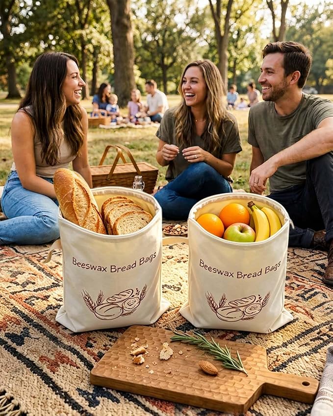 2 Pack Reusable Beeswax Bread Bags for Sourdough, Natural Cotton Bread Bags for Homemade Bread, 17×13'' L-shaped Side Zipper Breathable Beeswax Wraps, Keep Fresh, Homesteading Essentials