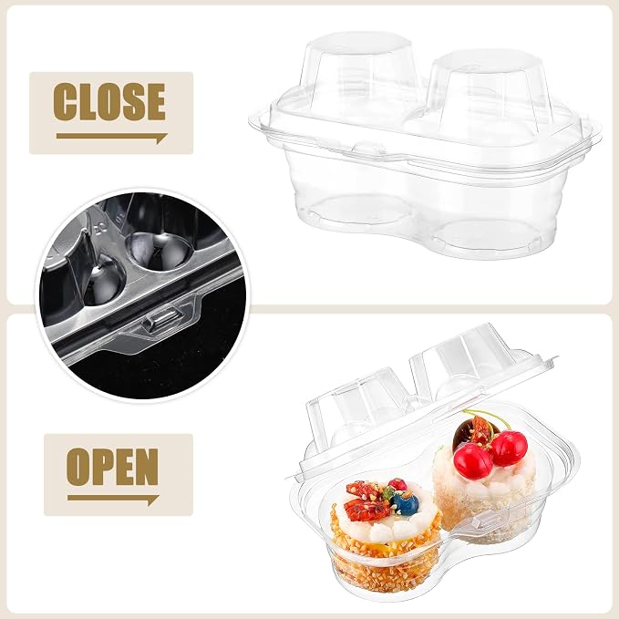 Eaasty 150 Pcs 2 Compartment Plastic Cupcake Containers Disposable Deep Cupcake Carrier Holder Box with Lids Stackable Clear Dessert Container for Muffin Pies Weddings Birthday Party
