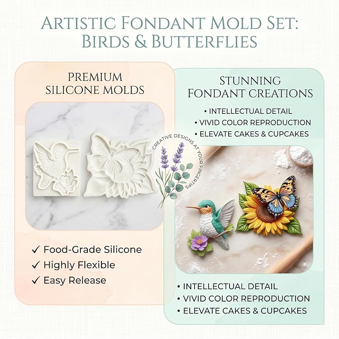 2Pcs Butterfly Sunflower Silicone Fondant Molds 3D Hummingbird Nature Candy Molds for Baking Dessert, Spring Cake Decorating, Cupcake Topper, Chocolate, Soap, Resin, Polymer Clay Crafting