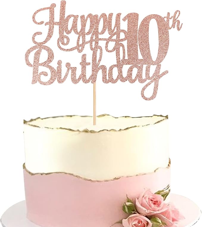 1 PCS Happy 10th Birthday Cake Topper Glitter Cheers to 10 Years Birthday Cake Pick 10 Fabulous Double Digits Cake Decoration for Happy 10th Birthday Theme Party Decorations Supplies Rose Gold