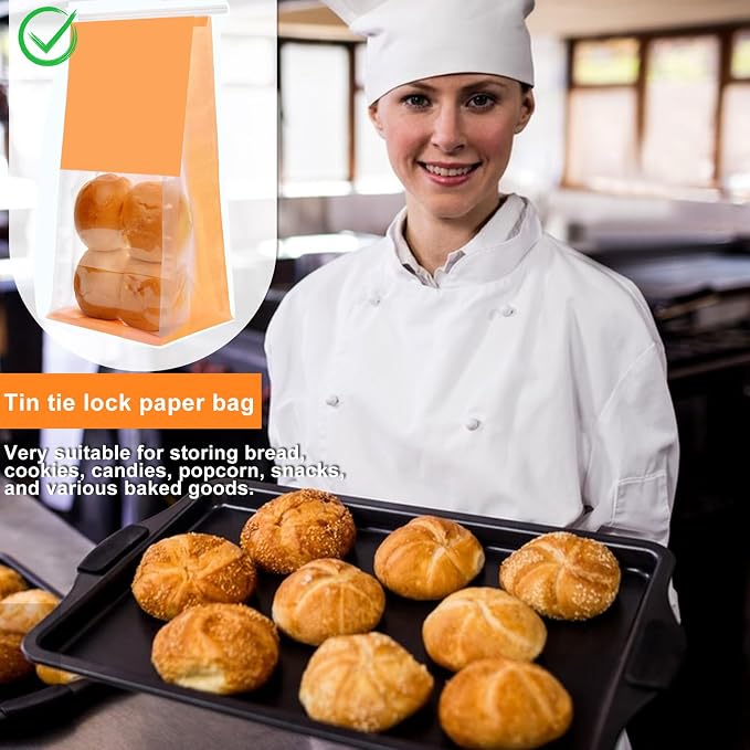 50 Pack Bakery Bags with Window - Reusable Kraft Paper Bread Bags with Tin Tie Tab Lock, Can Stand Upright, Orange