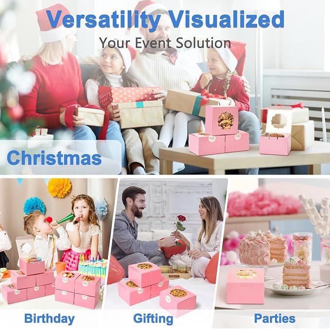 Shallive 4-Inch Small Cookie Boxes 50 Pcs Pink - Bakery Treat Boxes with Window for Barbie Favor To-go Containers for Cake Slice, Macarons, Donuts 4x4x2.5