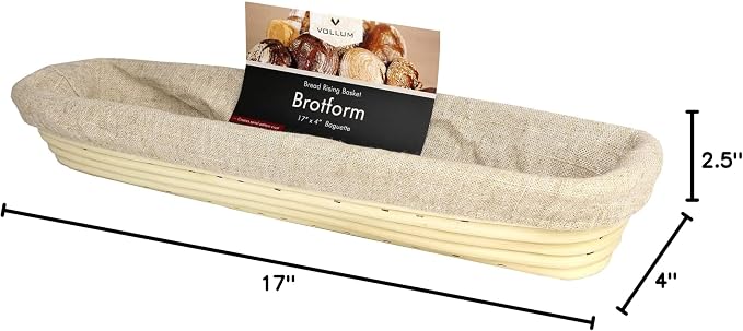 Vollum Banneton Bread Proofing Basket & Liner – Handmade Rustic Sourdough Bread Baking Supplies, Baguette Brotform, Sour Dough Tools, Gifts for Bakers - Rectangular - 17 x 4 x 2.5"H