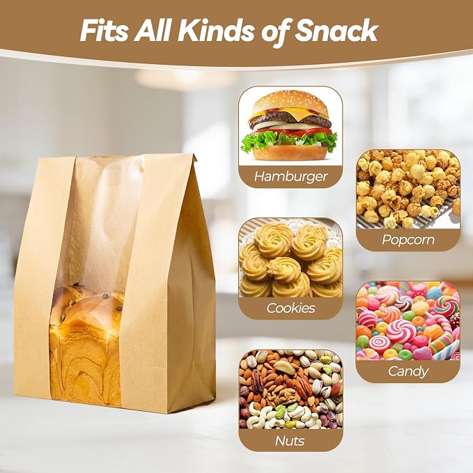 Tripho 50 Pcs Bread Bags for Homemade Bread with Clear Window & 60 Stickers, Sourdough Bread Bags for Storage of Bread,Cookies & Snacks, Large Bakery Paper Bags