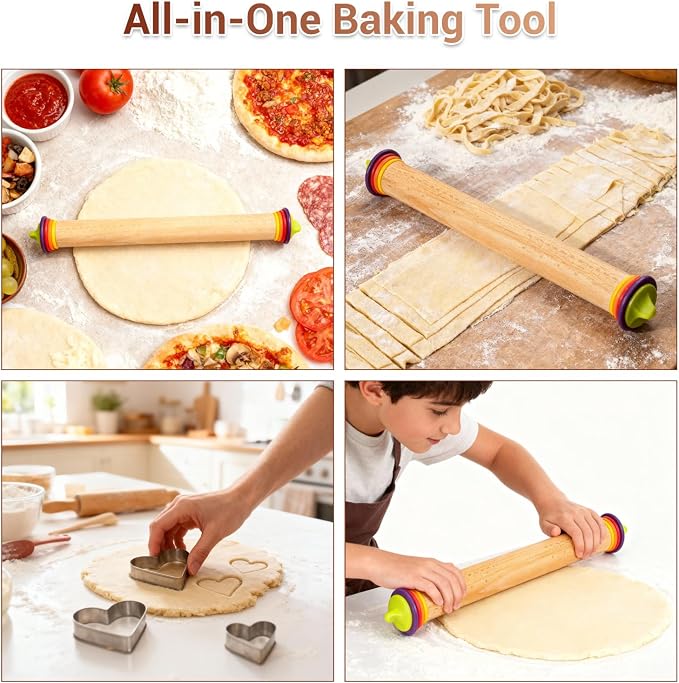 Adjustable Rolling Pin with Thickness Rings, Wooden Dough Roller & 12 Stainless Steel Cookie Cutters Set – 5-in-1 Baking Kit for Pizza, Fondant, Pie, Cookies, Pastry, 17" Non-Stick Wood
