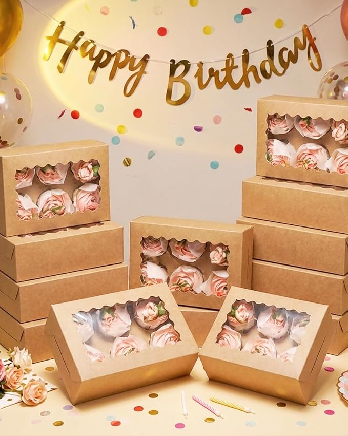 qiqee Auto-pop Up Cupcake Boxes with Window Brown 100PCS 6 Count Cupcake Box 9.4"x6.1"x3" Cupcakes Carrier, 6 Cupcake Containers
