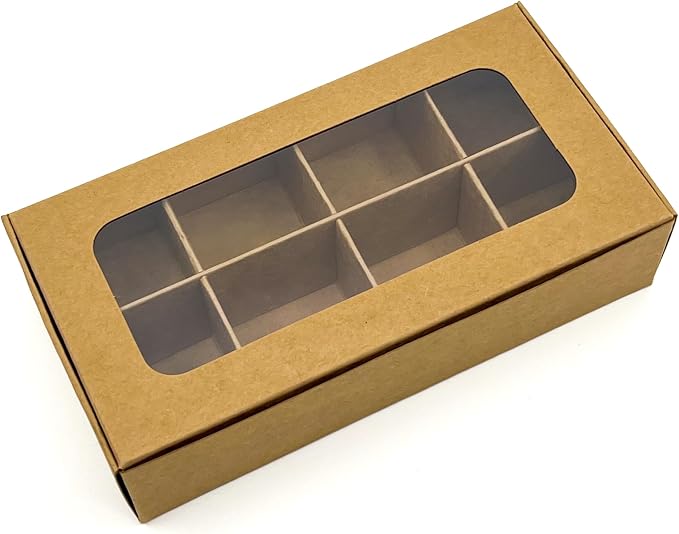 20pcs Kraft Treat Boxes with Window and Dividers | 8 X-SMALL compartments | 6.75 x 3.5 x 1.57 in | Empty candy boxes for gift giving, truffle box - perfect for Valentine's Day