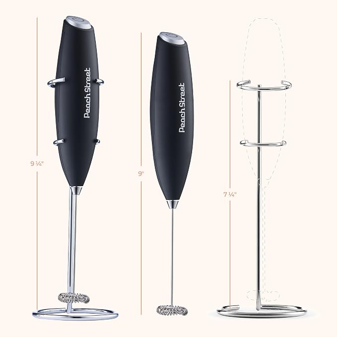 Powerful Handheld Milk Frother, Mini Milk Frother Wand, Battery Operated Stainless Steel Drink Mixer - Frother Stand for Milk Coffee, Lattes, Cappuccino, Frappe, Matcha, Hot Chocolate. Gift
