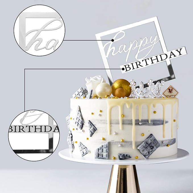 15 PCS Silver Happy Birthday Cake Toppers Mirror Acrylic Cake Topper Side Cake Decorations Silver Cake Inserts Cake Decorating Supplies Cupcake Toppers for Birthday Party Cake Desserts 15 Styles