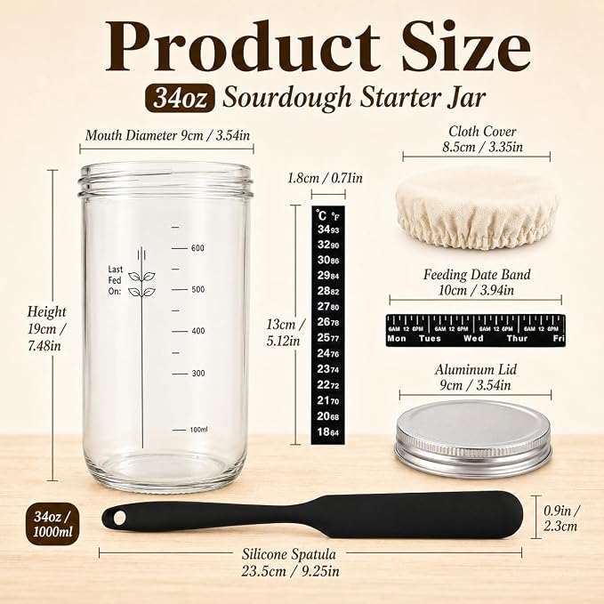 Sourdough Starter Kit for Beginners, 34oz Wide Mouth Sourdough Starter Jar with Guide & Recipes, Fridge Magnet Clip, Thermometer, Feeding Band, Spatula, Cloth & Aluminum Lid, Bread Baking Supplies