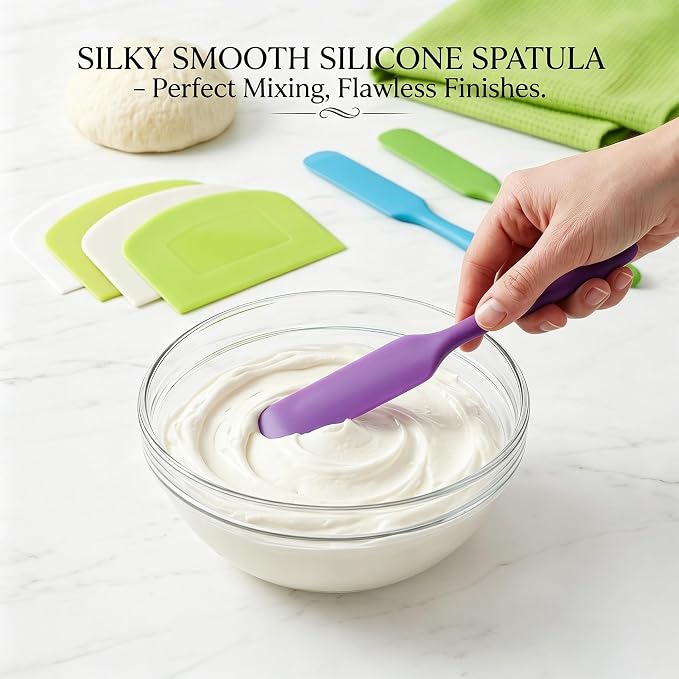 3 Pcs Silicone Jar Spatula Set + 4 Pcs Plastic Dough Bench Scraper, Heat Resistant Cream Butter Spreader, Flexible Bowl Scraper, Non-Slip Kitchen Baking Tools for Cake, Bread, Pastry Mixing