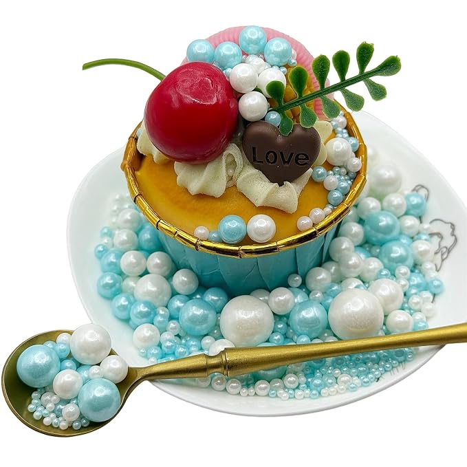 CandiJumpin Edible Pearls for Cake Decorating, Light Blue and White Pearl Sprinkles Baby Blue Sugar Pearls Edible Cake Decorations White Pearl Sugar Sprinkles Cupcake Toppers Baby Shower Party Birthday Wedding Christmas Supplies 3 OZ