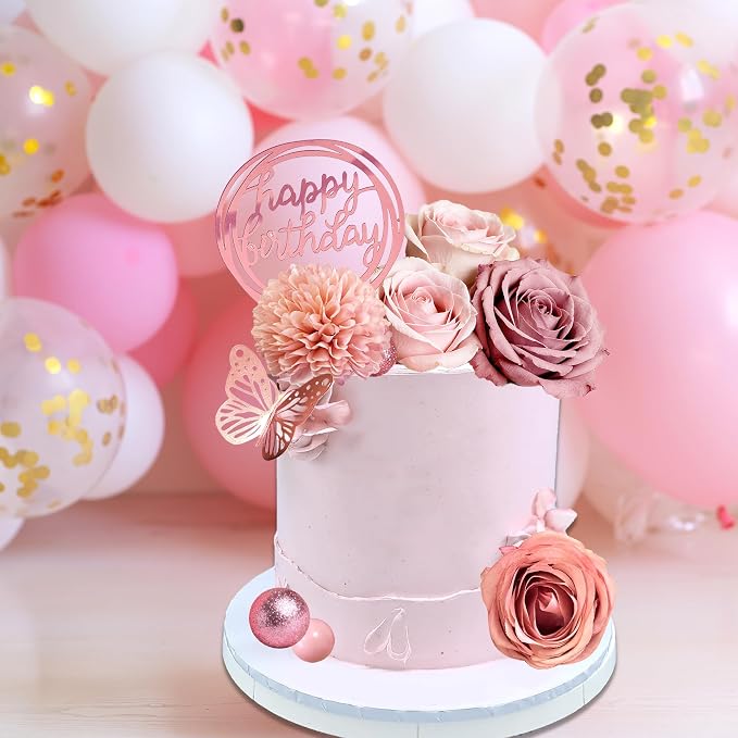 Flower Cake Toppers, Happy Birthday Rose Gold Cake Decorations with Artificial Flowers Butterfly Balls for Wedding Baby Shower Birthday Party Supplies