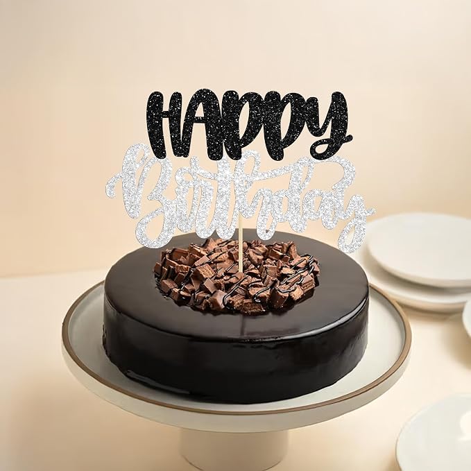 Gyufise 1Pcs Happy Birthday Cake Topper Glitter Happy Birthday Cake Pick for Celebrating Wedding Anniversary Theme Party Cake Decorations Supplies Black Silver