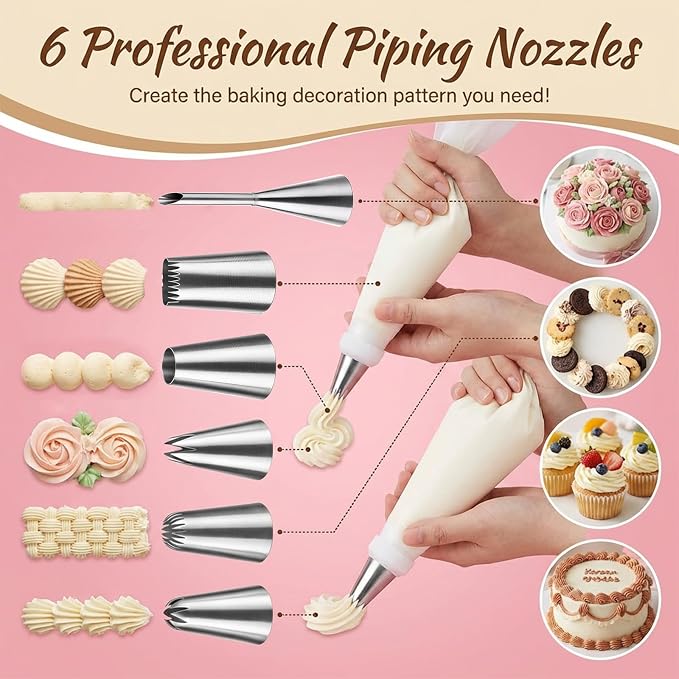 9 PCS Frosting Piping Kit, Reusable Piping Bags and Tips Set, Reusable Pastry Bags with 6pcs Large Stainless Icing Tips, Bag Couplers, Cleaning Brush, Professional Baking Kit for Cakes, Cookies